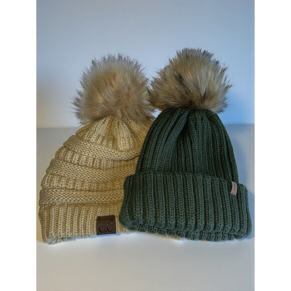 CC Beige Knit Beanie FURTALK Green Faux Fur Pom Hat Womens Winter Lot - Picture 2 of 16